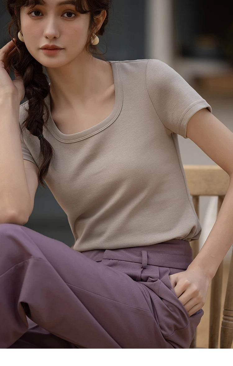 MISHOW Short Sleeve T-shirts Women Spring Solid Square-neck Top Elegant Woman Clothes Office Lady Cotton Tees MXC12T0641