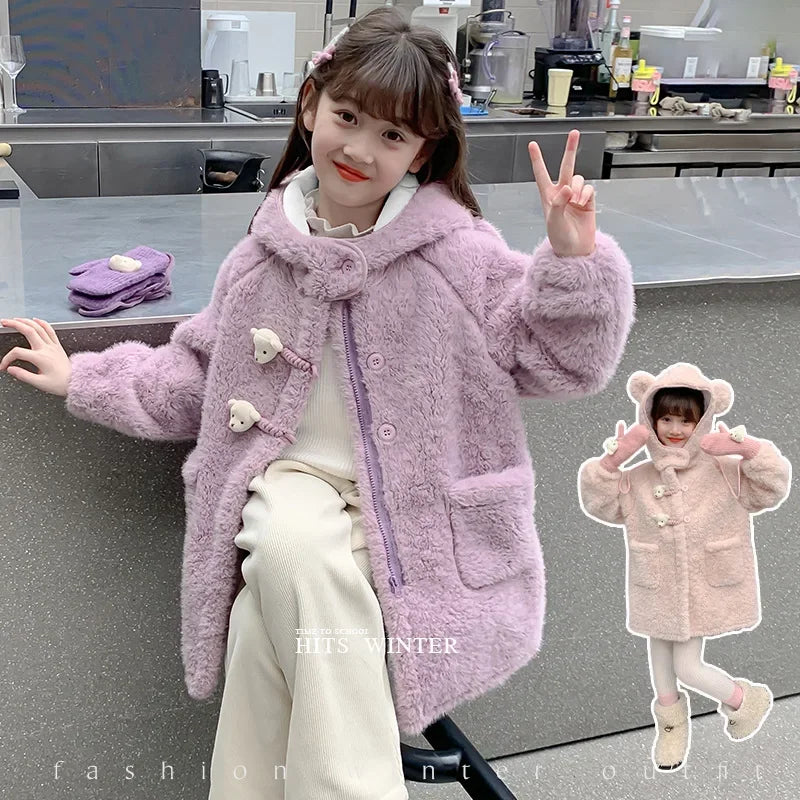 Thickened Fleece Winter Coat for Girls Cartoon Bear Middle-Length Jacket with Gloves Warm Toddler Baby Girl Outerwear