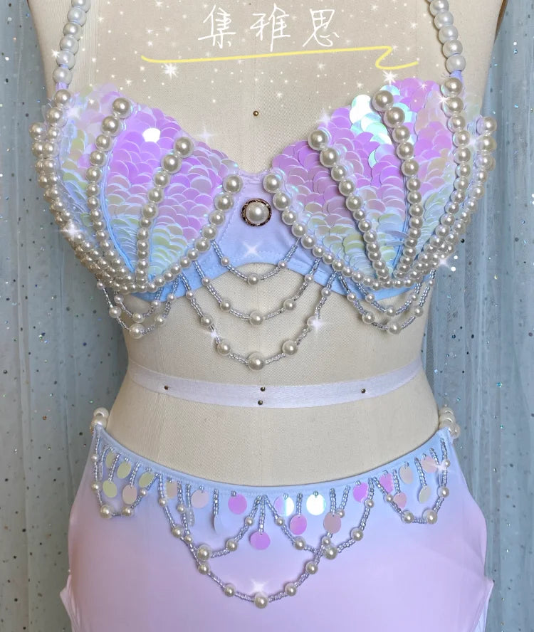 Mermaid Swimsuit Women Bikini Handmade Sequins Shell Bikini Sets Freediving Show Swimwear Tassel Beading Chest Pad Cos Bar Bra