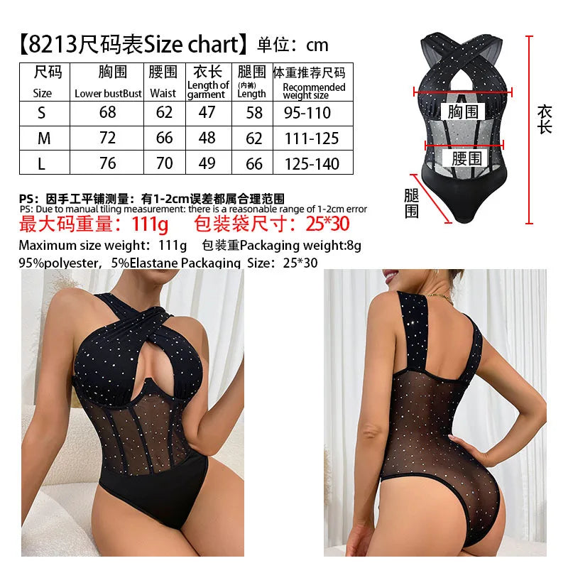 Sexy Black Cut Out Cross Wide Strap Bodysuit Women Lace Patchwork Body Suit Tops