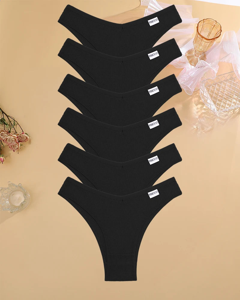 6PCS/SET Women's Waffle Cotton V-Waist Panties Multi-Color High Elasticity Brazilian Bikini Lingerie Set Sexy Female Underwear