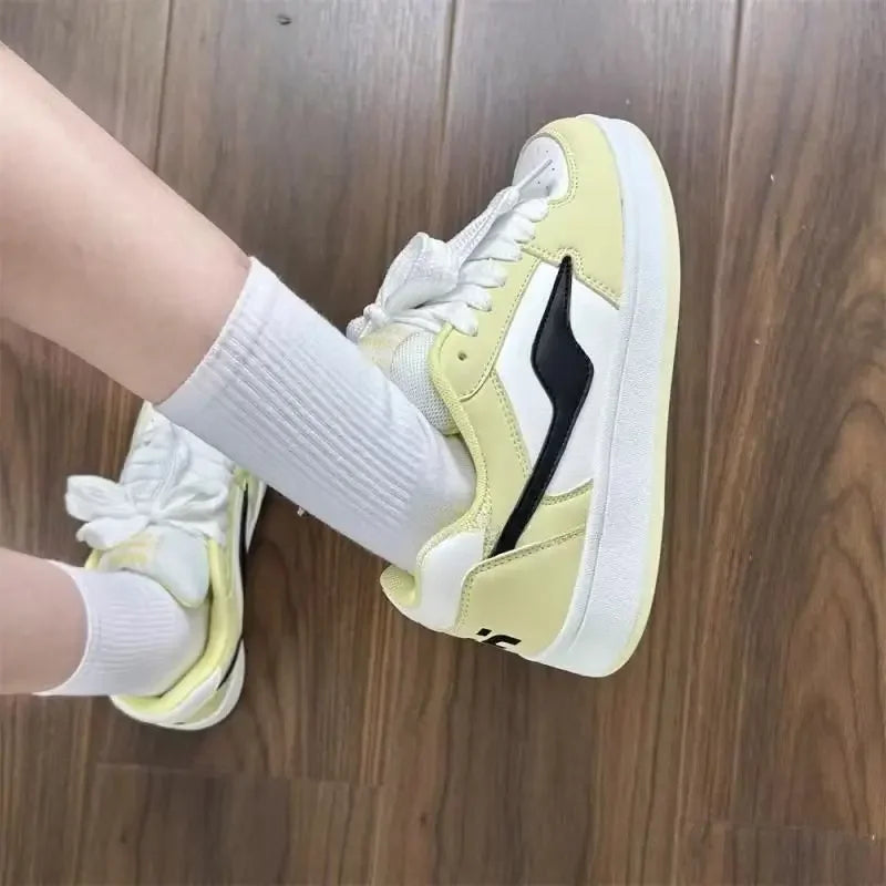 Spring New Women's Bread Shoe Pastel Yellow Color Block Student Casual Shoes Rubber Sole Comfortable Versatile Flat Footwear