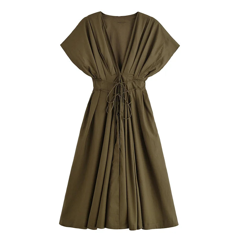 Summer Pleated A-line Midi Dress Women's Casual Lace Up Loose High Waist Solid Robes 2025 Office Lady Commute Street Vestidos