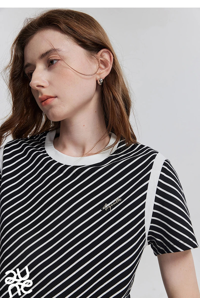 TOYOUTH Women Short Sleeve Striped T shirt 2025 Spring New Tops 8521021