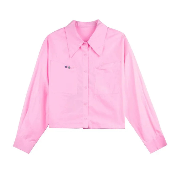 Spring and Autumn Pink Long-sleeved Printed Long-sleeved Women's Shirt Loose Polo Shirt Casual Cotton Top Women's Clothes