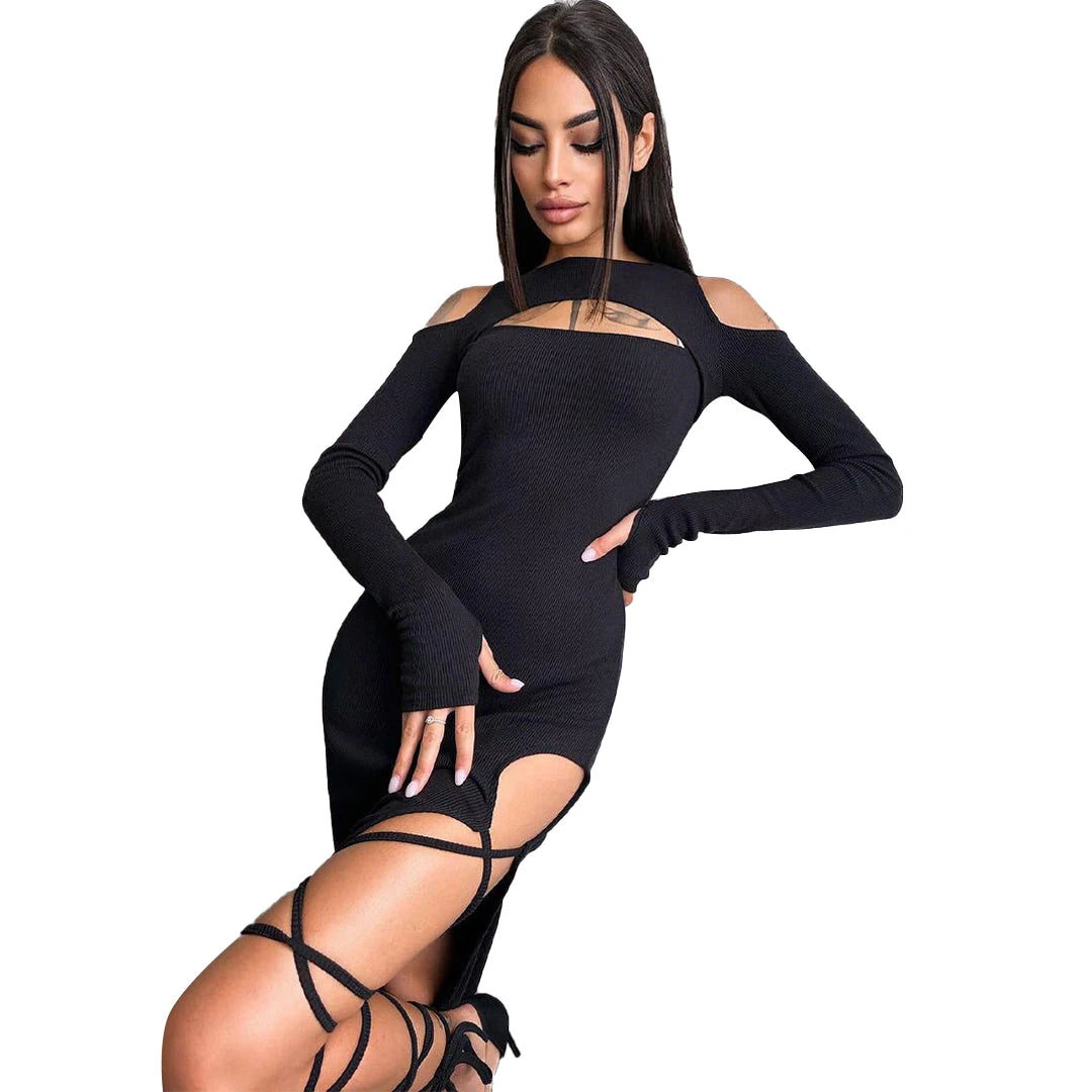 Hugcitar Long Sleeve Solid Hollow Out Slit Lace Up Elegant Sexy Bodycon Maxi Prom Dress 2023 Fall Women Birthday Party Outfit "