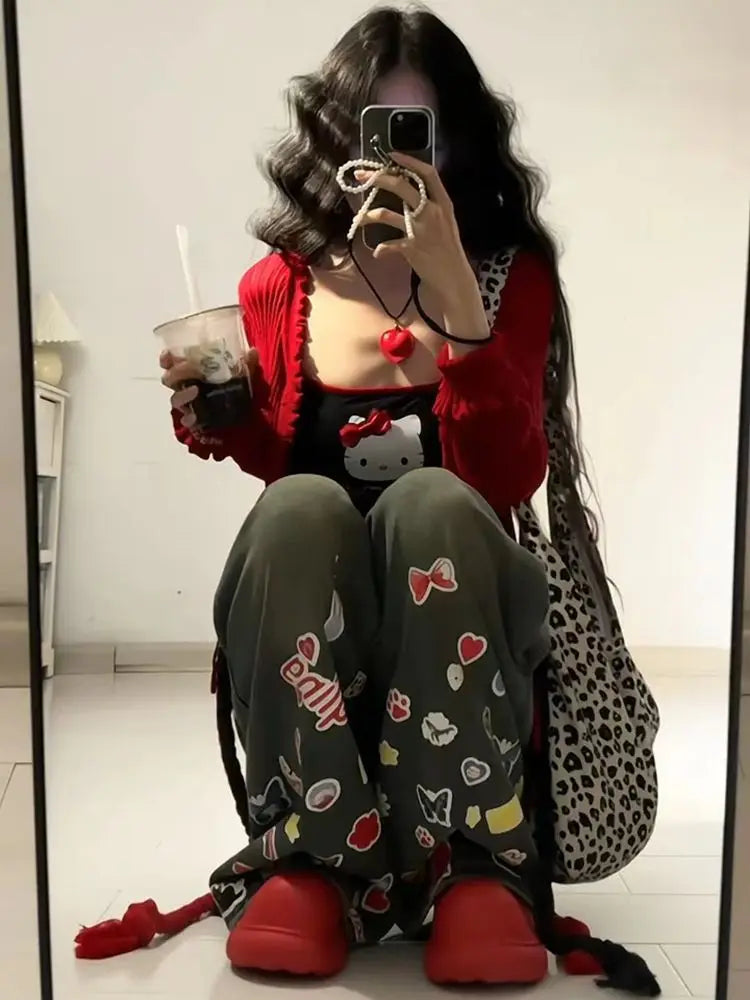 Trendy High Waisted Wide Leg Jeans Women's Fall Winter Cartoon Graffiti Loose Fit Trousers with Draping Effect baggy jeans women