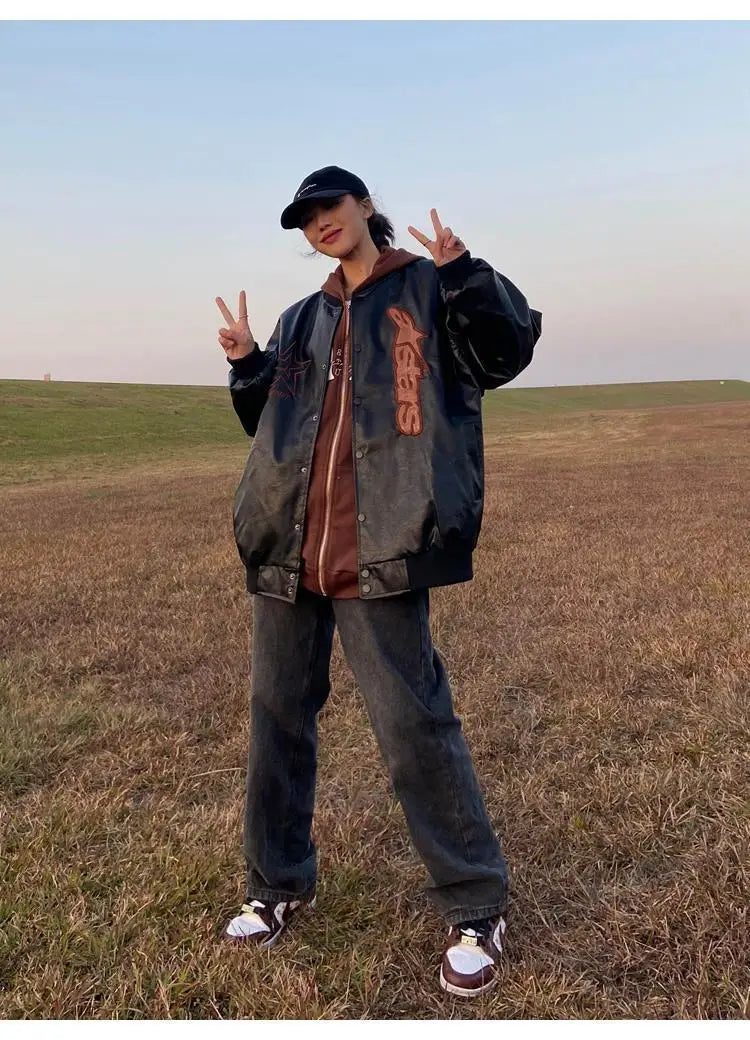 American retro letter embroidery leather Jacket Coat women's Y2K street hip-hop trend baseball suit couple casual leather jacket