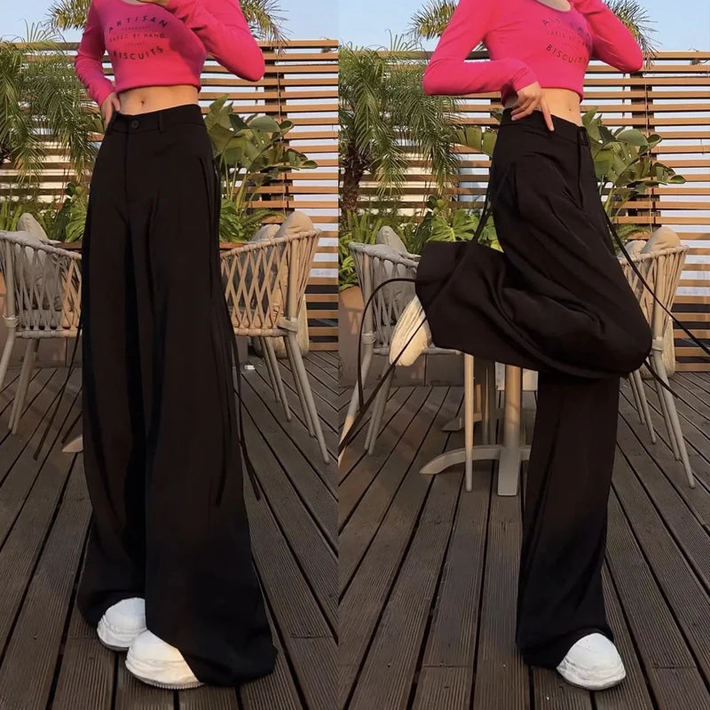 Jielur Lace-up High Waist Straight Women Suit Pants Summer Slim Loose Full Length Female Wide Leg Pants Casual Chic Office Lady