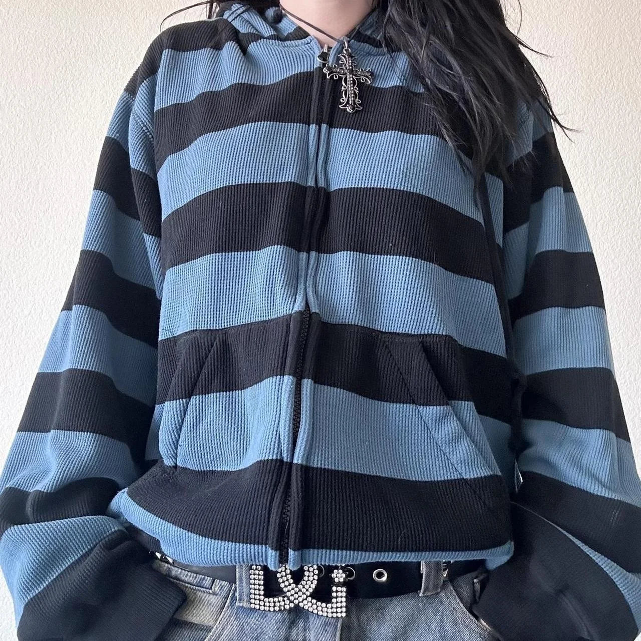 Combhasaki Women's Y2K Vintage Zip-up Loose Fit Sweatshirts Coat Aesthetic Striped Oversized Grunge Hooded Jacket with Pockets