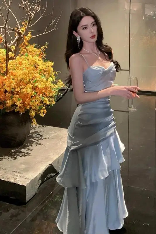 Elegant Romantic Party Women's Spaghetti Strap Dress Female Blue Ruffles Slim Fit Mermaid Dresses Chic Banquet Formal Gown