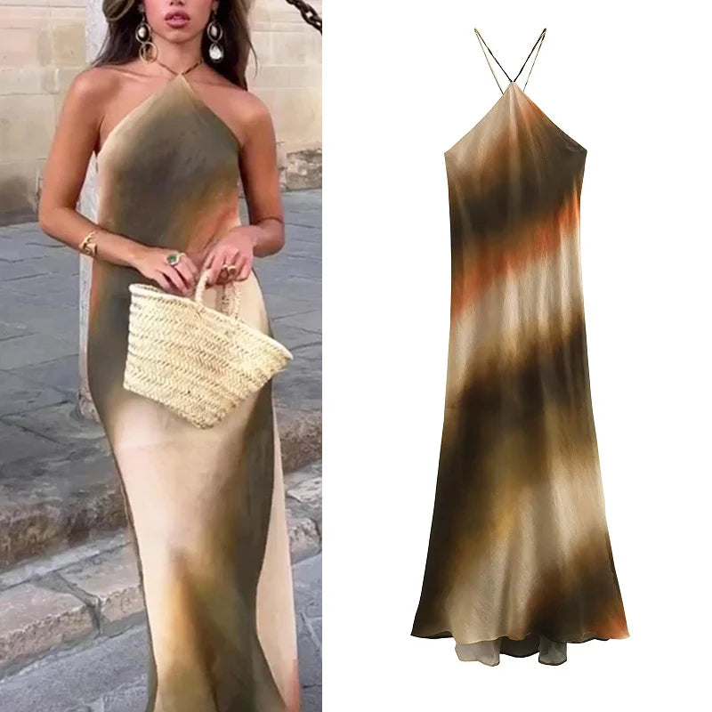 TRAF Women's Long Dresses 2024 Summer Elegant Party Evening Midi Halter Dress Ladies Fashion Sleeveless Backless Long Dresses