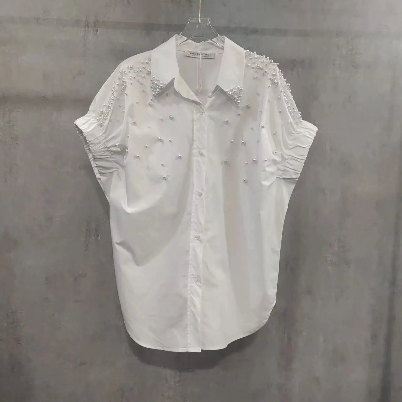 Pearls Beads Stitch Cotton Short Sleeve Blouses Shirts Women 2025 Spring Summer New Fashion Trend Loose Casual Tops Blusas