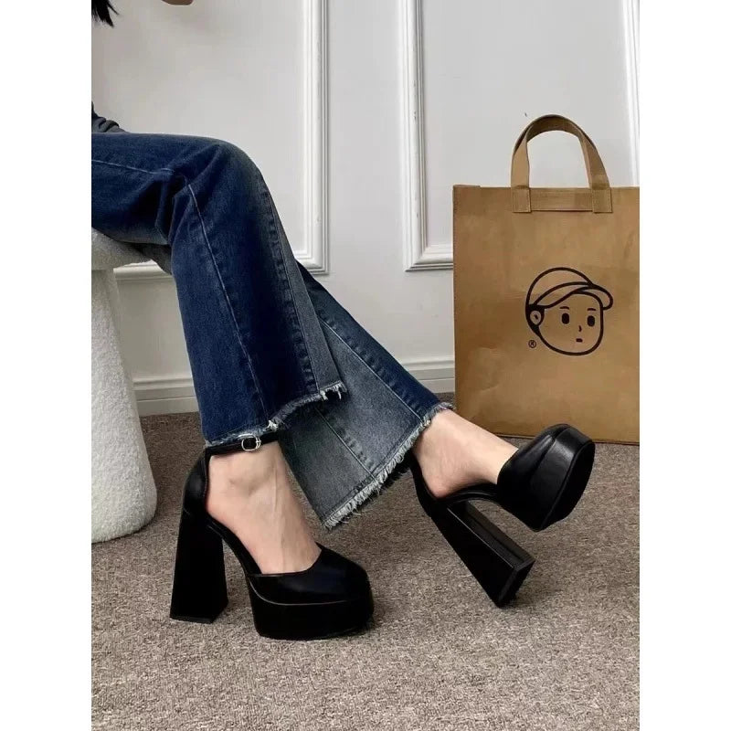 Barbie Style Women's Sandals with Buckle Waterproof Platform Fairy Tale Thick Heel High Heels Square Head French Style Shoes