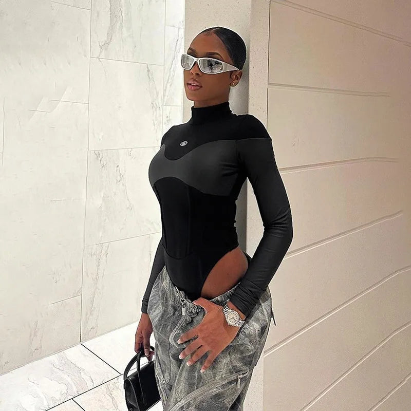 Long Sleeve Bodycon Lenceria Femenina Turtleneck Lingerie Sexy Body Feminino Black Tops Women PU Patchwork One-Pieces Bodysuit