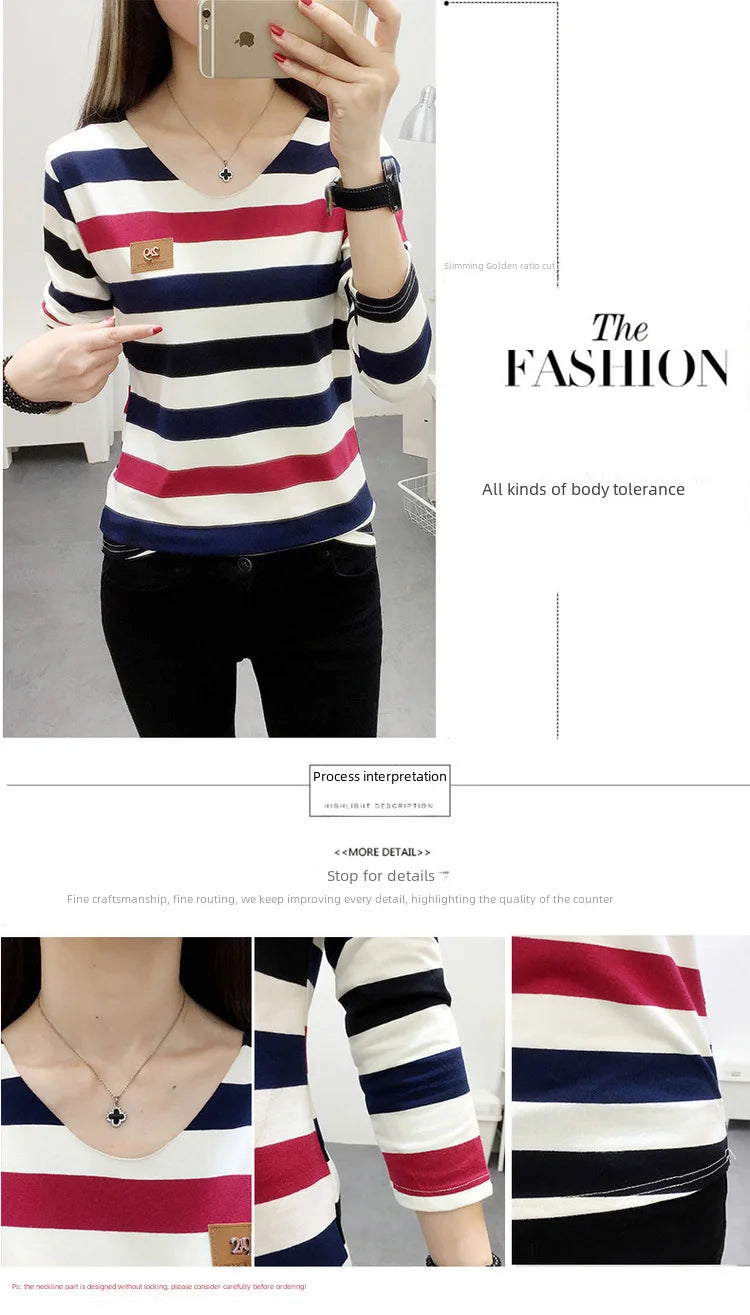 Korean Style Spring Autumn Women's T-shirt New Stripe Long Sleeve Top Slimming Base Layer Inner Outer Wear V-neck