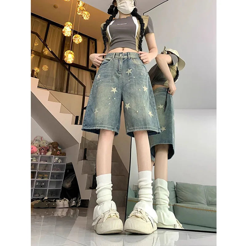 American Style Vintage Women's Short Jeans High Waisted Washed Wide Leg Denim Pants Woman Fashion Do Old Star Knee Length Shorts