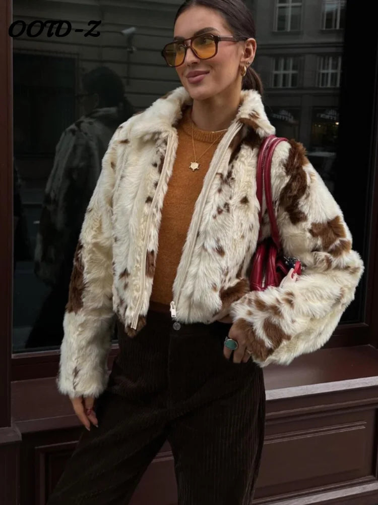 Faux Fur Contrast Women Coat 2025 Lapel Zipper Long Sleeve Female Coats Vintage Autumn Winter Pocket Thicken Warm Lady Outwear