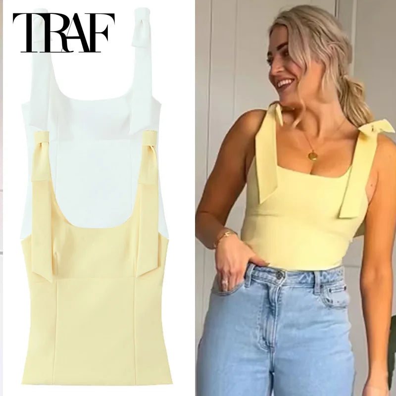 TRAF Butterfly Crop Top Woman Summer Yellow White Slip Top Cute Bow Off Shoulder Tank Top Tanks & Camis Sleeveless Backless Tops