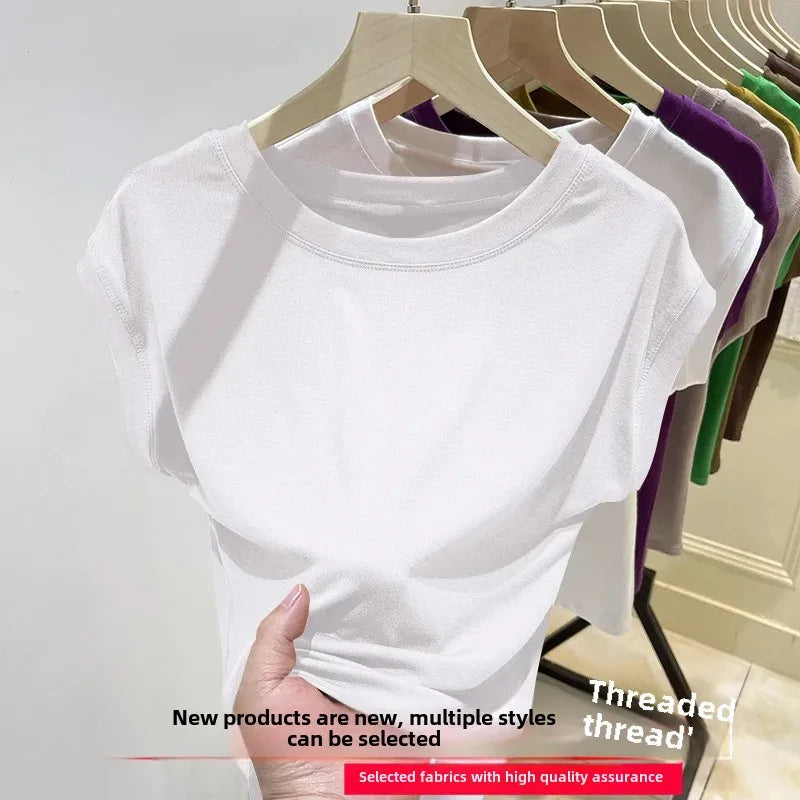 Short Sleeve Ice Silk T-Shirt Women's Loose Fashionable Youthful Small Flying Sleeve Top Knitted Crew Neck Other Pattern Types