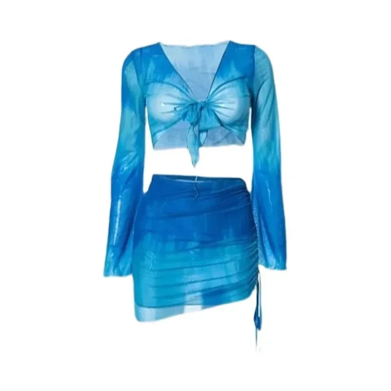 4 Piece Bikini Set Women Blue Tie Dye Mesh Long Sleeve Cover Up with Pleate Skirt Swimsuit Beach Bathing Suit Swimwear