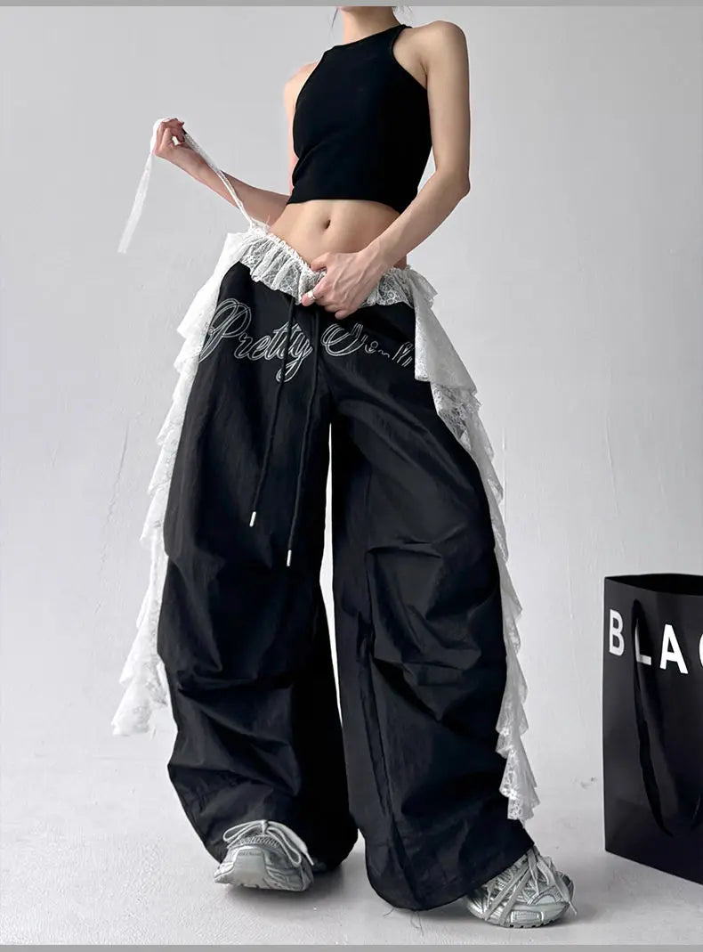 American retro black printed Spice Girls Street Dance Scimitar Pants Women's Loose Design Splicing Summer New Wide Leg Pants