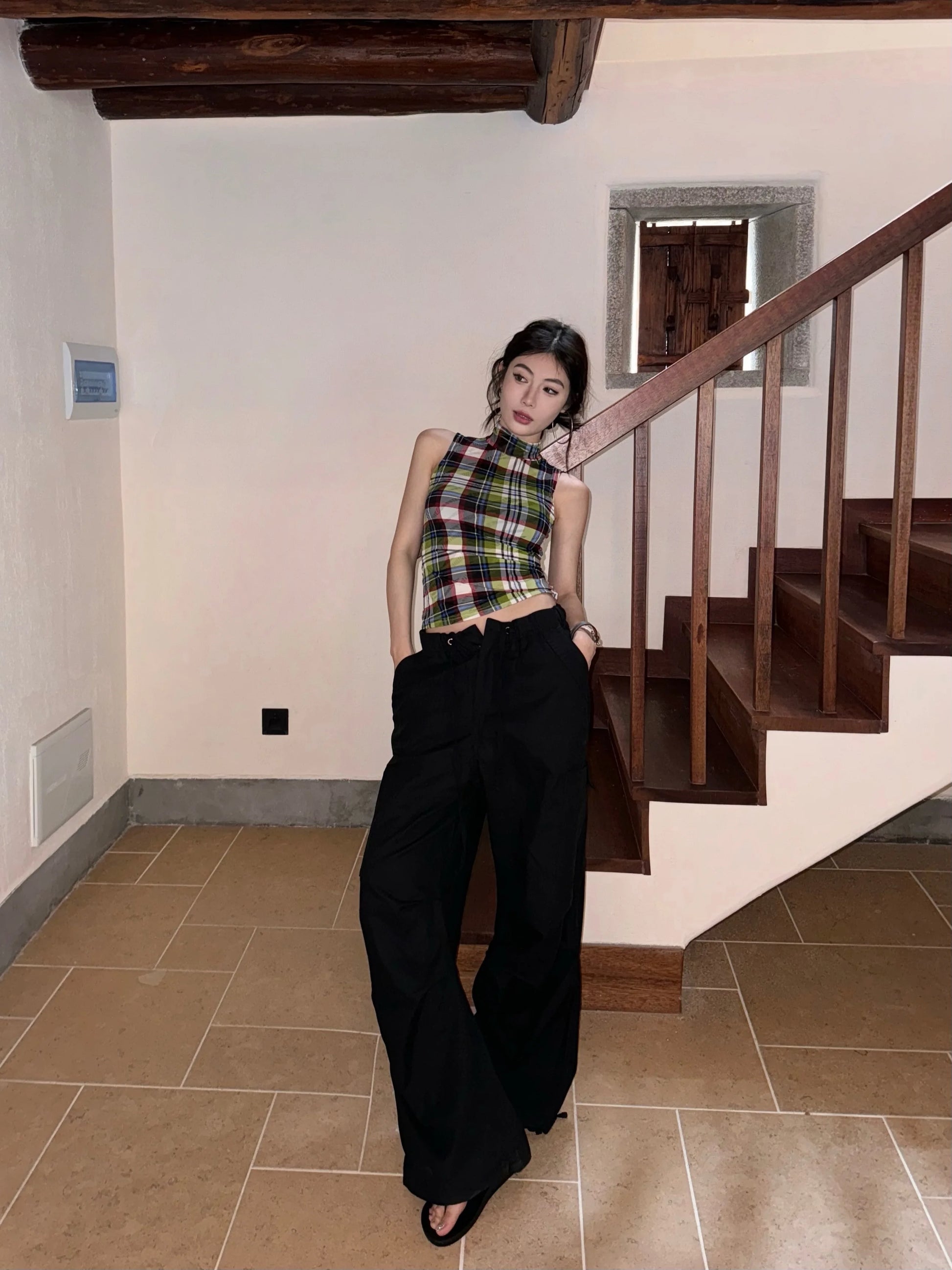 Tonngirls Vintage Tank Tops Plaid Sleeveless Skinny American Retro Crop Tops Grunge Y2k Tank Tops Streetwear Summer Classical