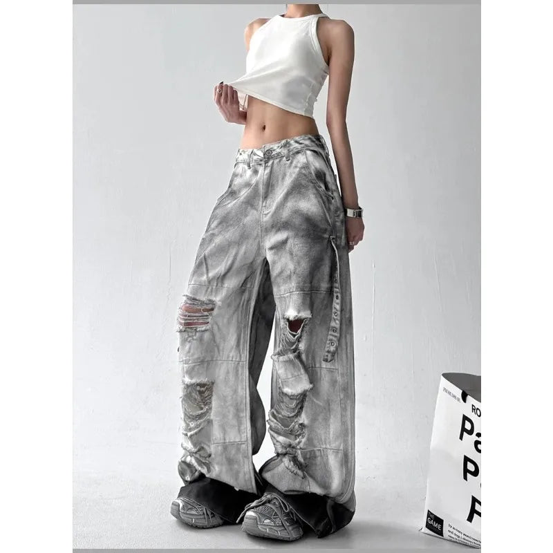 Y2K Women's Grey Ripped Jeans Cargo Baggy Harajuku High Street Aesthetic 2000S Style Fashion 90s Retro Loose Jeans 2025 New