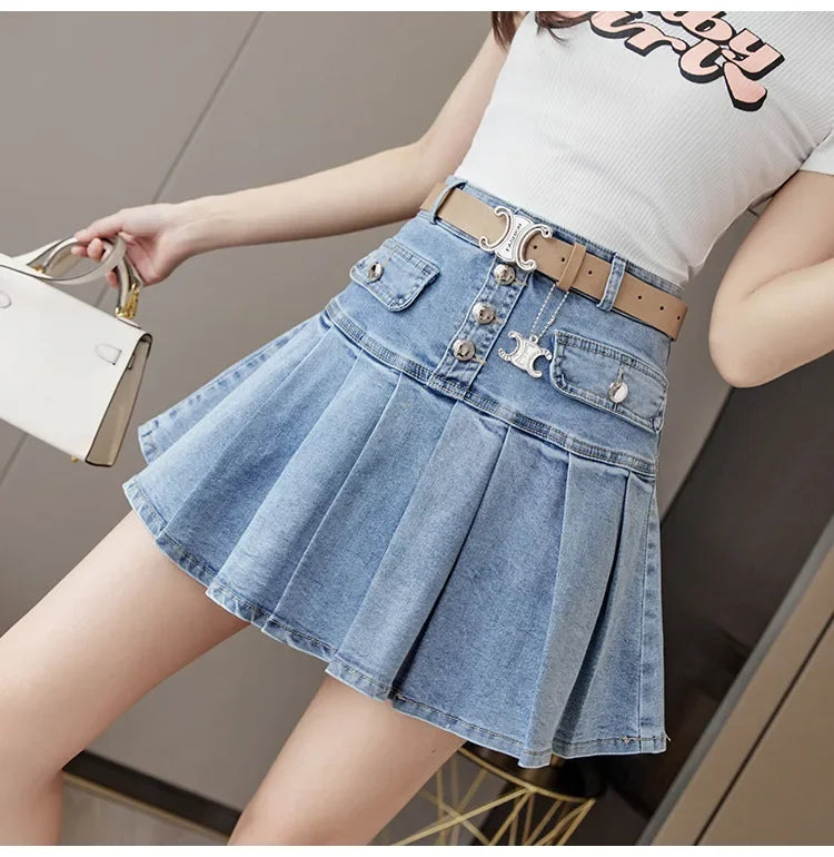 High-Waisted Denim Skirt Women's Slimming Mini Dress 2024 Spring Summer European Style Half Skirt Age-Reducing Fashionable Pleat