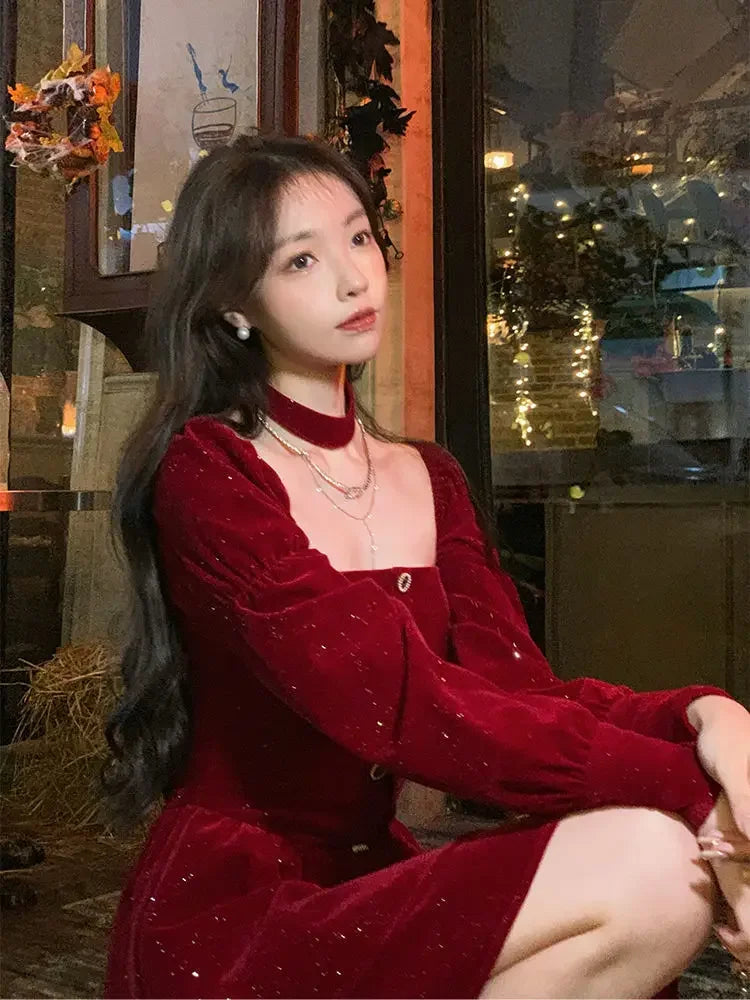 Women's Slim Fit A-line Velvet Dress, Christmas Clothes, Square Collar, Long-sleeved, Red, Sweet, Hot Girl, Autumn Winter