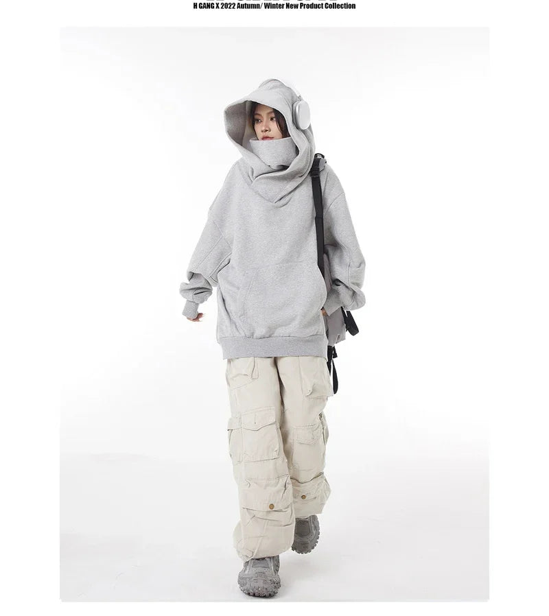 Autumn Solid Color Ninja Turtleneck Hoodies For Men Y2K Vintage Fleece Sweatshirts Hip Hop Japanese Streetwear Oversized Hoodie