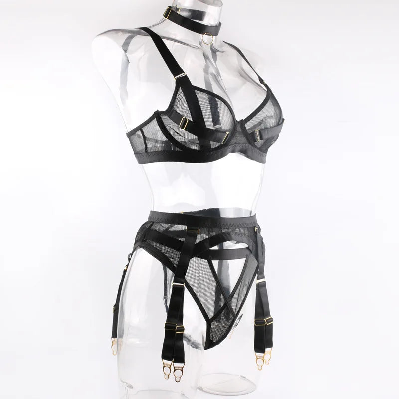 Cross-border new black mesh heavy-duty push-up bra with steel ring garter belt sexy sister lingerie set neck strap