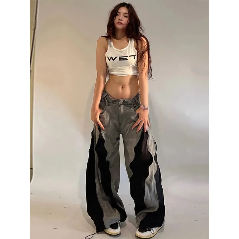 Women's Hip Hop Two-tone Patchwork Low Rise Zipper Denim Pants Baggy Wide Leg Dragging Designer Trousers High Street Jeans Pants