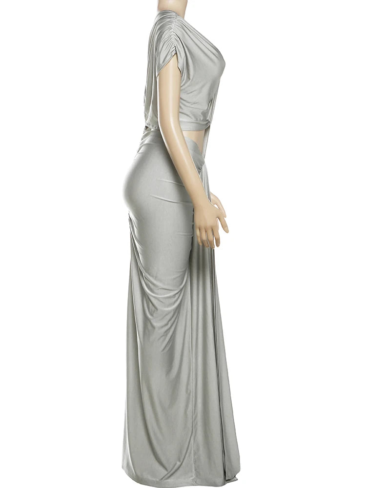 Weird Puss Irregular Hollow Dress Women Ruched Diagonal Collar Shorts Sleeve Waistless Slits Street Trend Elegant Long Bodycon