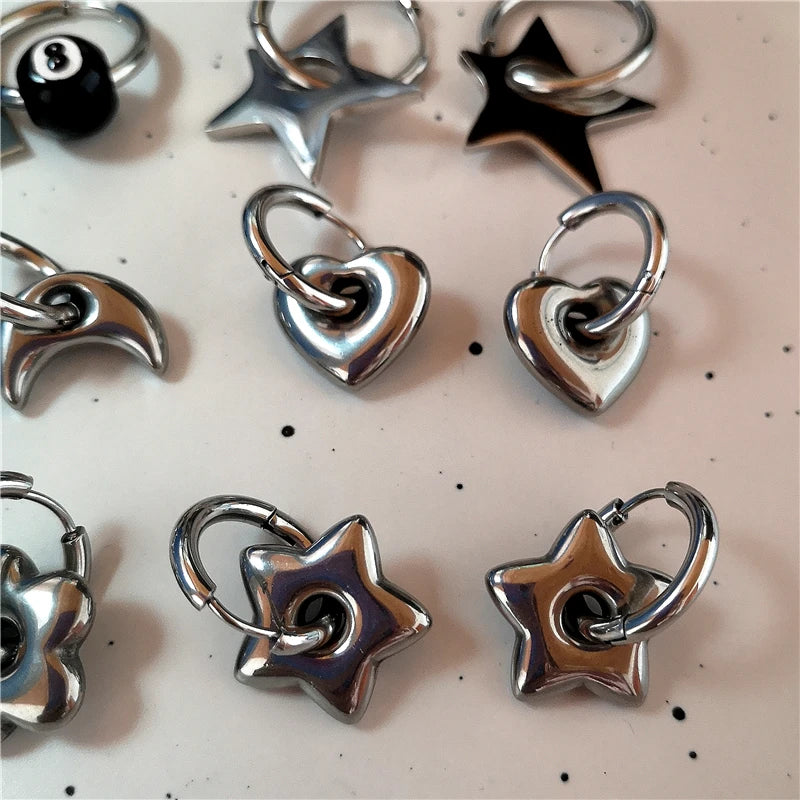 Punk Dangle Edgy Earrings Unique Detachable Stainless Steel Chunky Star Heart Moon Hoop Earrings For Women Men Statement Jewelry