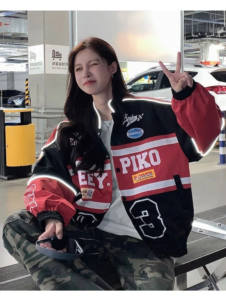 2023 Y2k Red White Bomber F1 Jacket Women Men Biker Racer Jacket Retro Hip Hop Grunge Clothes Trend Oversize Windbreaker Varsity