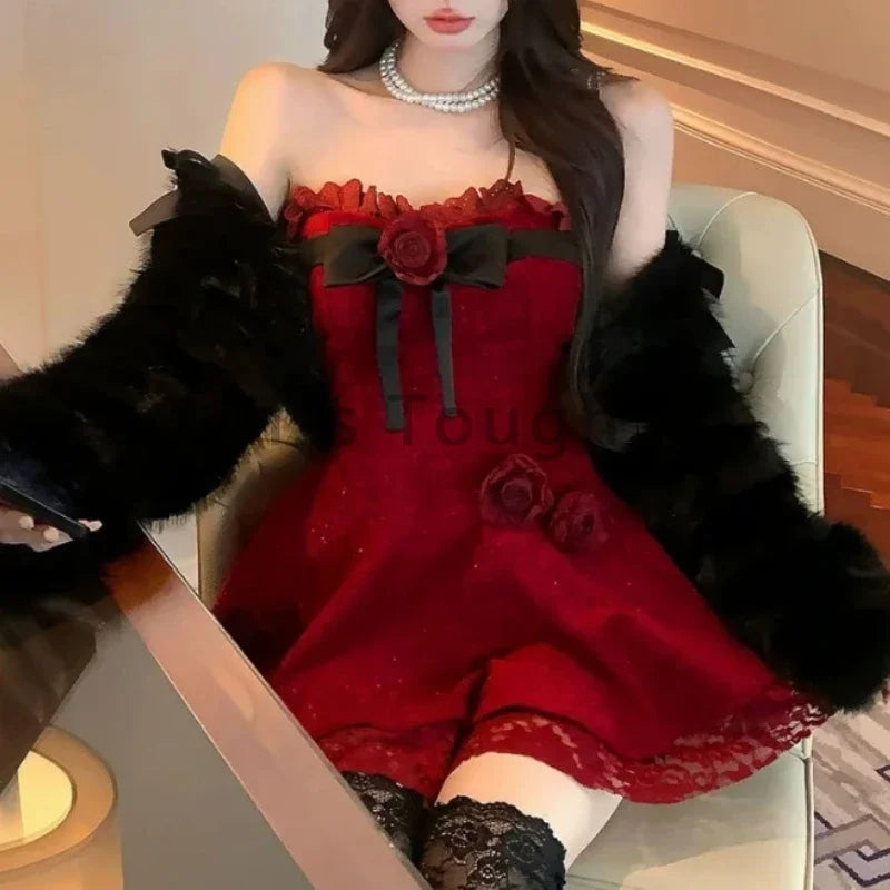 Gothic Y2k Lolita Style One Piece Dress Women Sexy Red Rose Flower Bow Party Mini Dress Japanese Fashion Elegant Dresses 2025