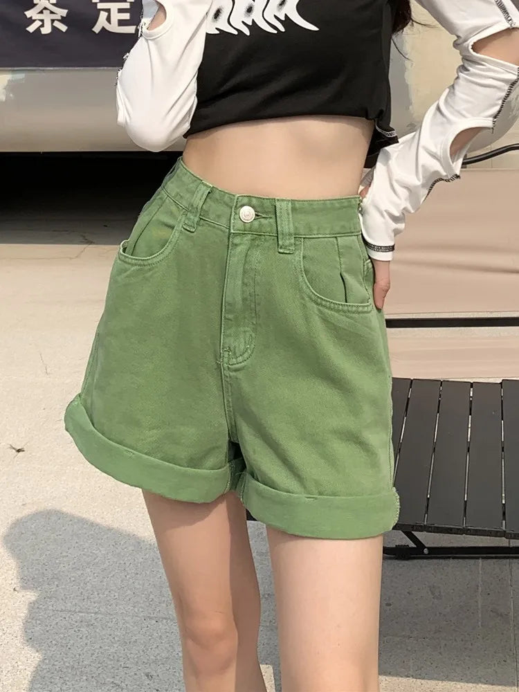 GUUZYUVIZ Green Shorts Feminina Summer Casual Loose Vintage  Jeans Shorts Women Streetwear High Waisted Wide Leg Denim Shorts
