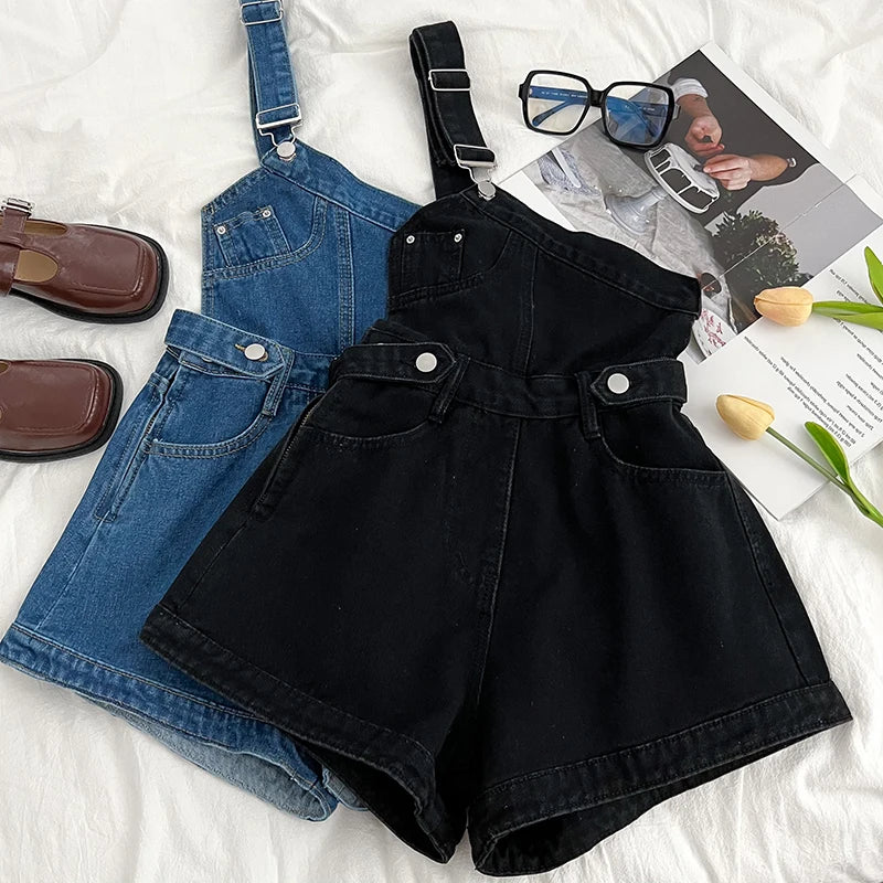 Casual Denim Jumpsuits Women Spring Summe Retro Short  Fashion  One-shoulder Wide Leg Pants 2024 New Cool Girls Streetwear