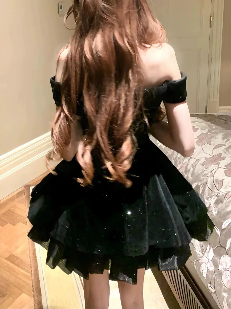 French Black Vintage One Piece Dress Woman Gothic Off Shoulder Bow Short Dresses Female Fairy Birthday Party Chic Outfit 2025