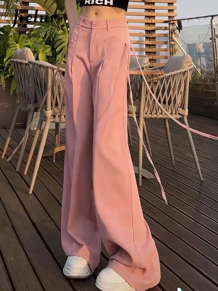 Jielur Lace-up High Waist Straight Women Suit Pants Summer Slim Loose Full Length Female Wide Leg Pants Casual Chic Office Lady