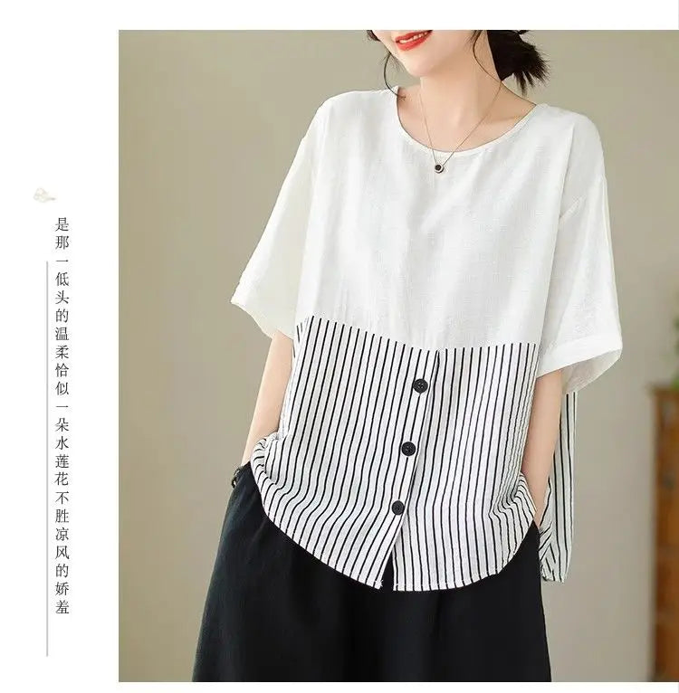 Summer New Plus Size Women's Fashion Striped Patchwork Tops Tees Youth Short Sleeve Loose Vintage T Shirts Casual Trend Clothing