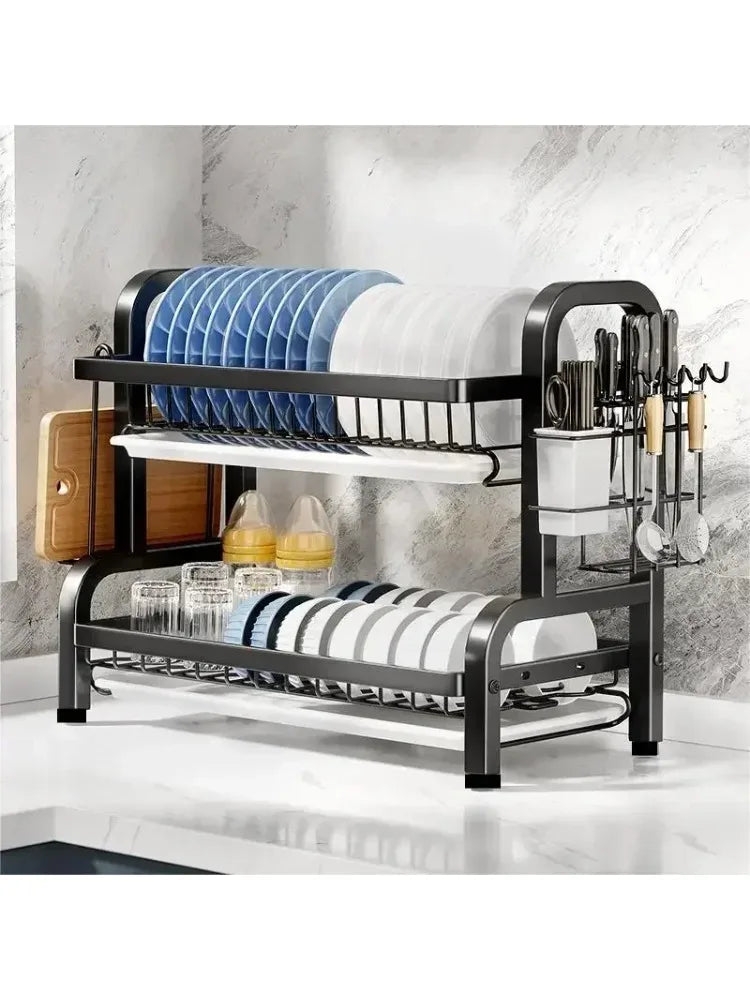 Kitchen 2nd floor storage cutlery and bowl rack set with cutlery rack, large anti rust cutlery drainage board