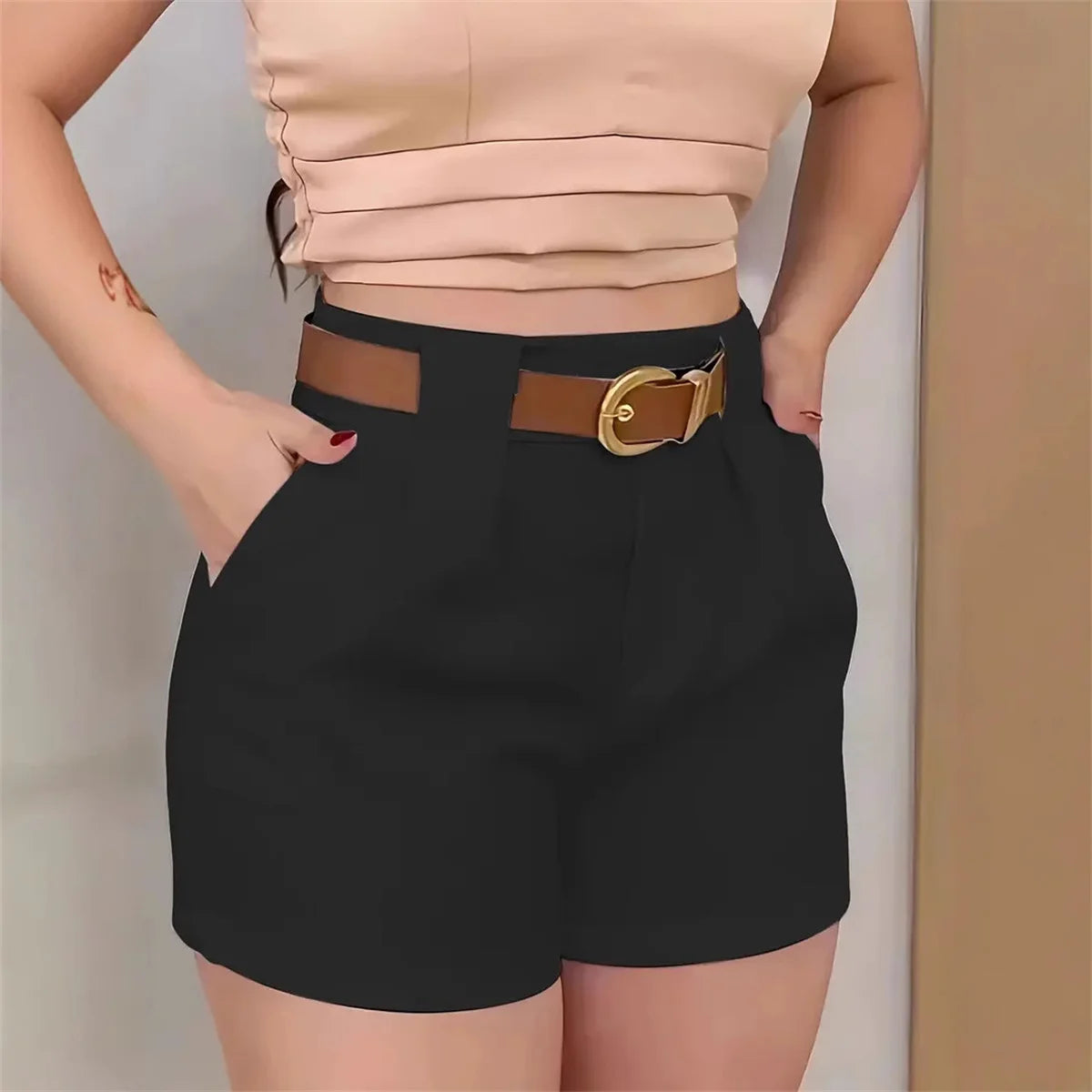 Women Fashion High Waist Shorts Summer Solid Color Pocket Belt Short Pant Elegant Office Lady Clothes Female Casual Street Pants