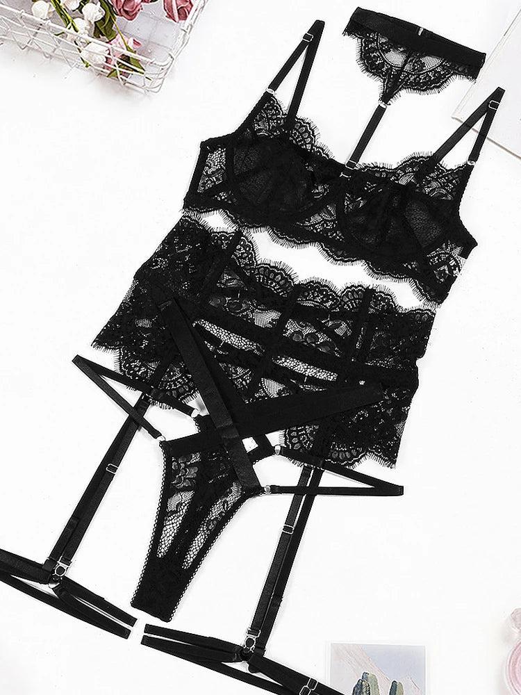 New lace pick-up body sculpting sex set perspective neck sexy underwear four-piece set lace bodysuit body suit sexy lingerie