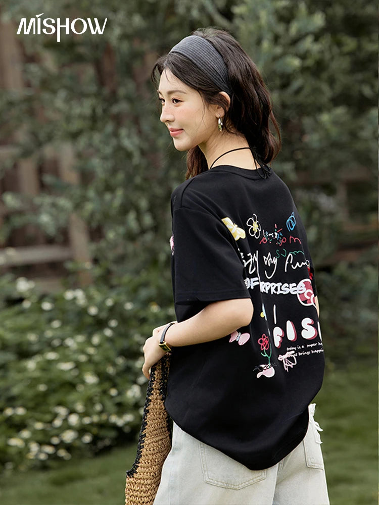 MISHOW Casual Graffiti T-shirt Women Summer 2025 Short Sleeve Round Neck Loose Shirts Female New Fashion Tops Lady MXE15T0475