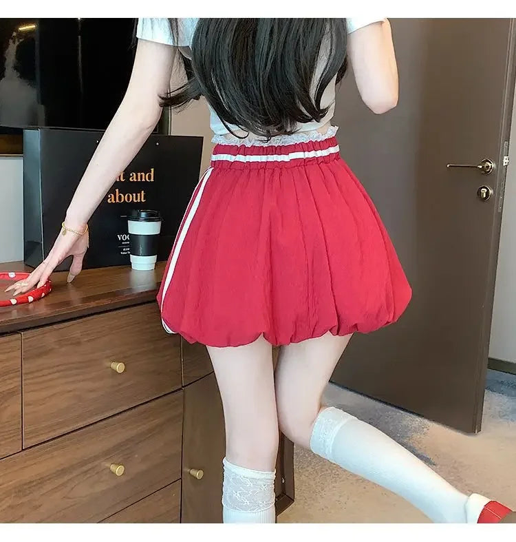 American Style Spliced Lace Stripe High Waist Half Skirt Women Summer Anti Exposure Flower Bud Puffy Short Skirt Polyester Fiber