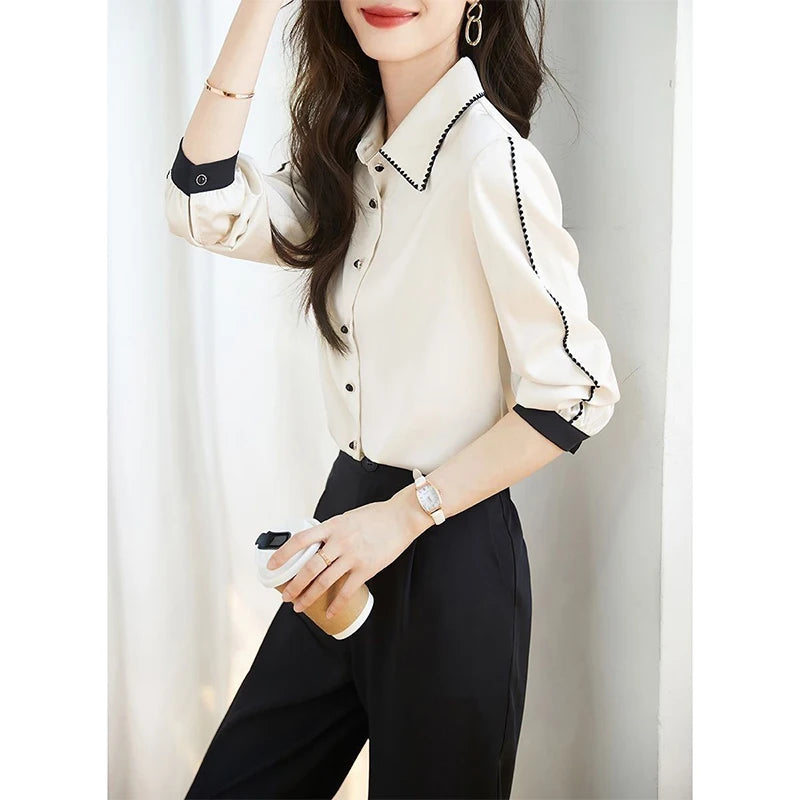 Spring Autumn Korean Fashion Polo-neck Elegant Patchwork Shirt Female Long Sleeve Cardigan All-match Top Women Buttons Blouse
