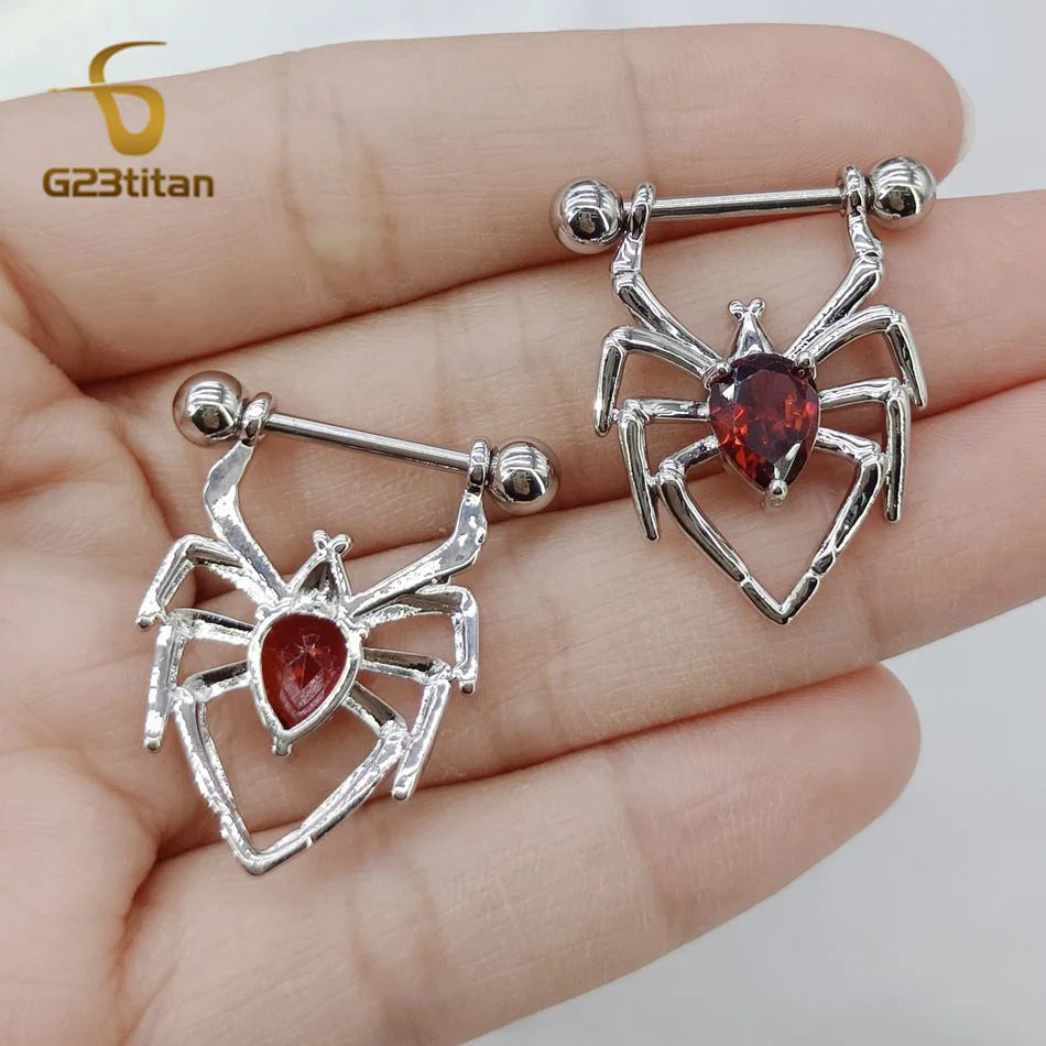 14G 16mm Length Straight Shield Barbell 2pcs Spider Red Crystal Zircons Nipple Rings Body Piercings Ombligo Sexy Breast Jewelry