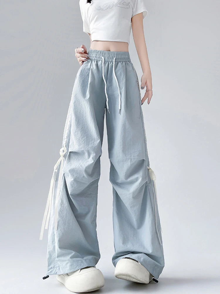 Zoki Dopamine Women Summer Pants Fashion Striped Bow Loose Multicolor Cargo Pants Casual Bf Ladies Trousers New